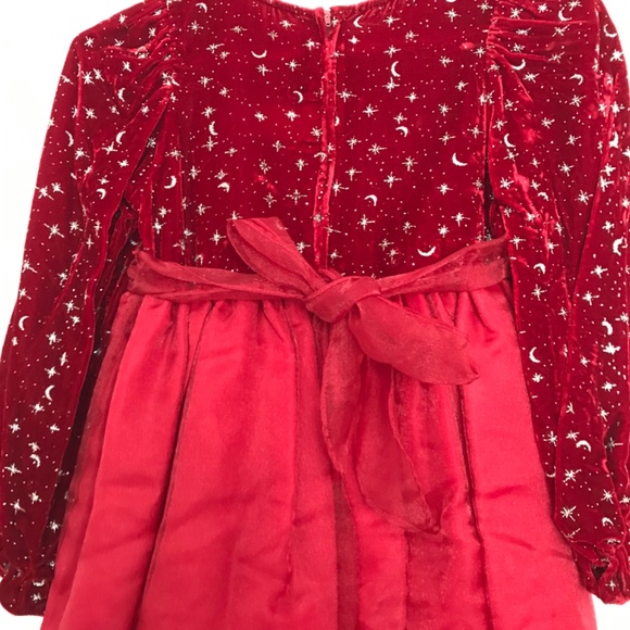 Long Sleeve Dress Girls Size 10 With Rose Bow Tie Back Red Silver Starry Night - Picture 9 of 14